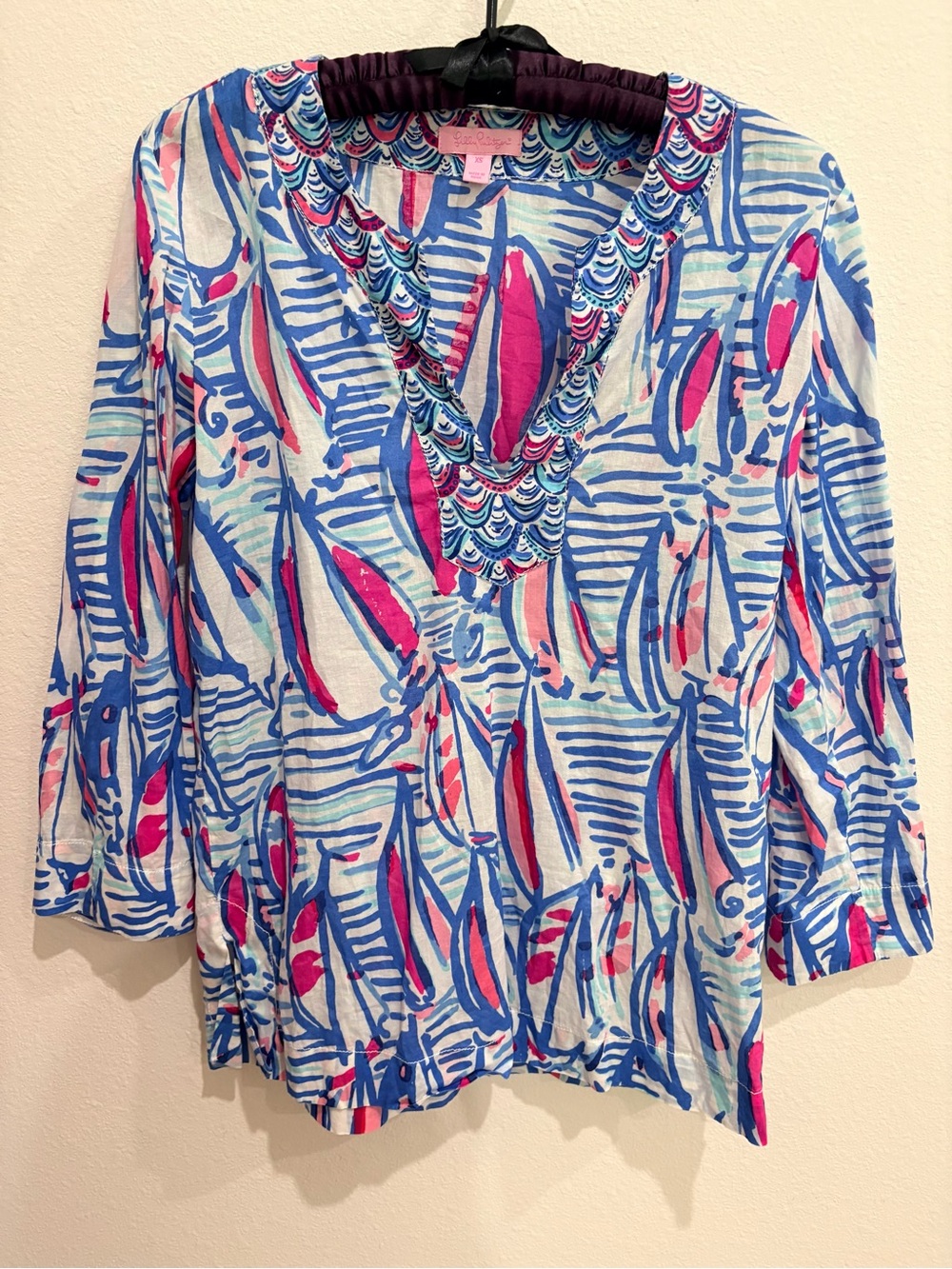 Lilly Pulitzer Amelia Island Popover Tunic Top Blue Pink Sailboat Print XS